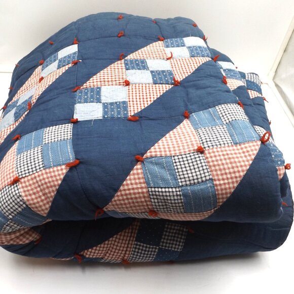 1800s Antique Quilt Link Chain Red White Blue 79"x70" Rare - Picture 2 of 8